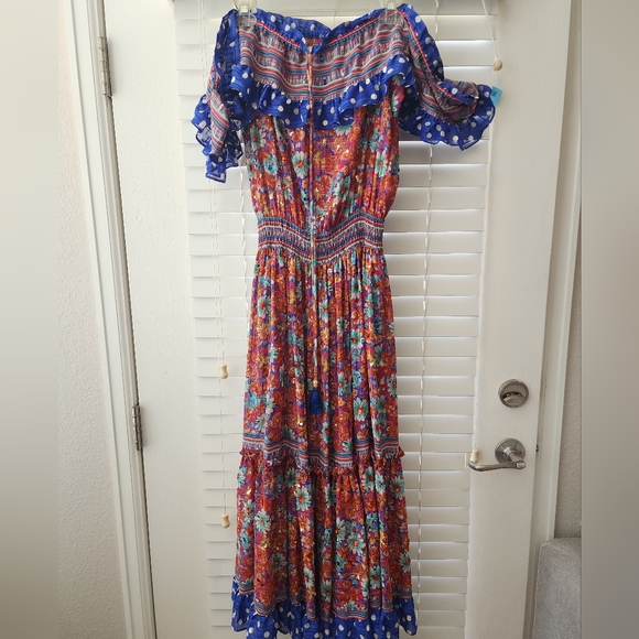 HIPPIE 1970s Diane Freis boho patterned ruffle dress Sz S M - Picture 1 of 5